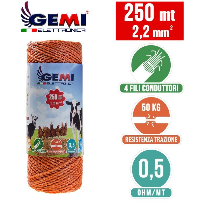 Hilo Conductor Redondo Para Pastor Eléctrico Cerca Eléctrica 250 MT 2,2 Mm² Valla Eléctrica Valla Electrificada Para Animales Vacas Caballos Perros Cerdos Gallinas Zorros Gemi Elettronica