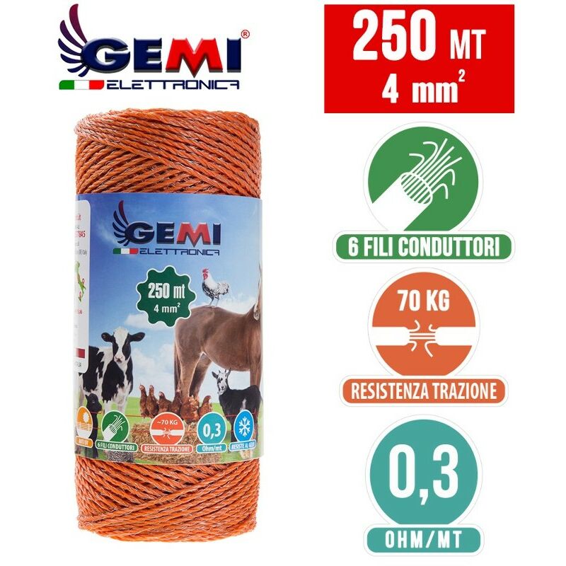 Hilo Conductor Redondo Para Pastor Eléctrico Cerca Eléctrica 250 MT 4mm² Gemi Elettronica