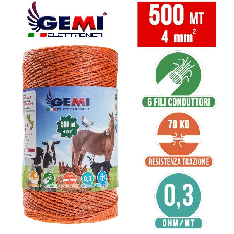 Hilo Conductor Redondo Para Pastor Eléctrico Cerca Eléctrica 500 MT 4mm² Gemi Elettronica