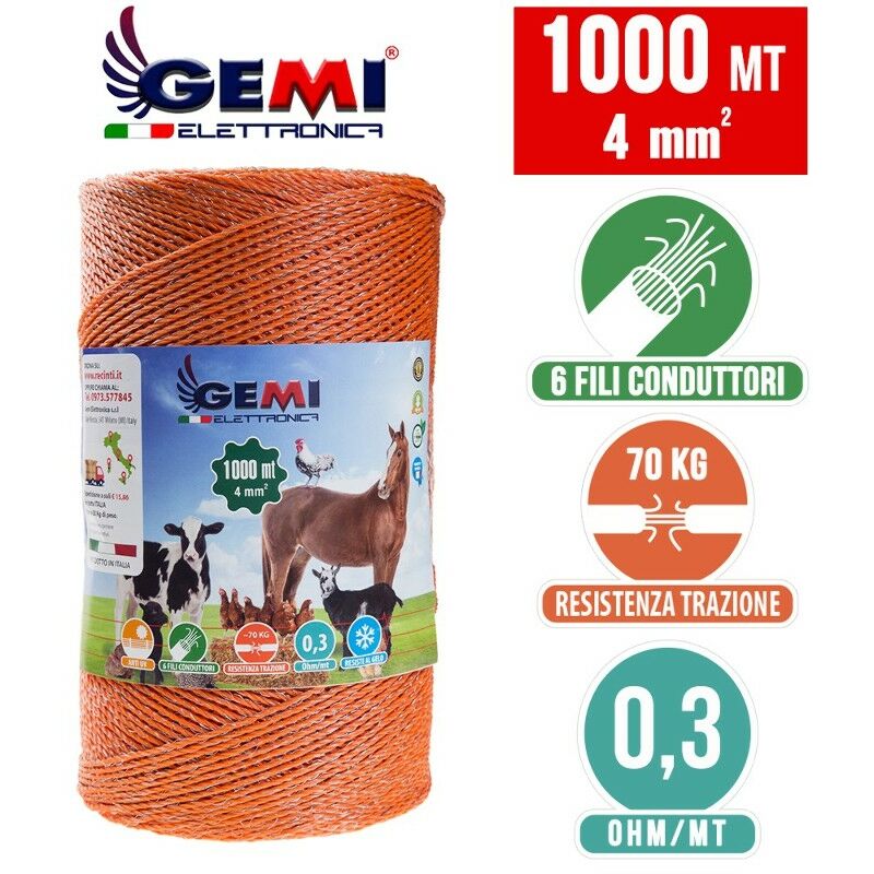 Hilo Conductor Redondo Para Pastor Eléctrico Cerca Eléctrica 1000 MT 4mm² Gemi Elettronica