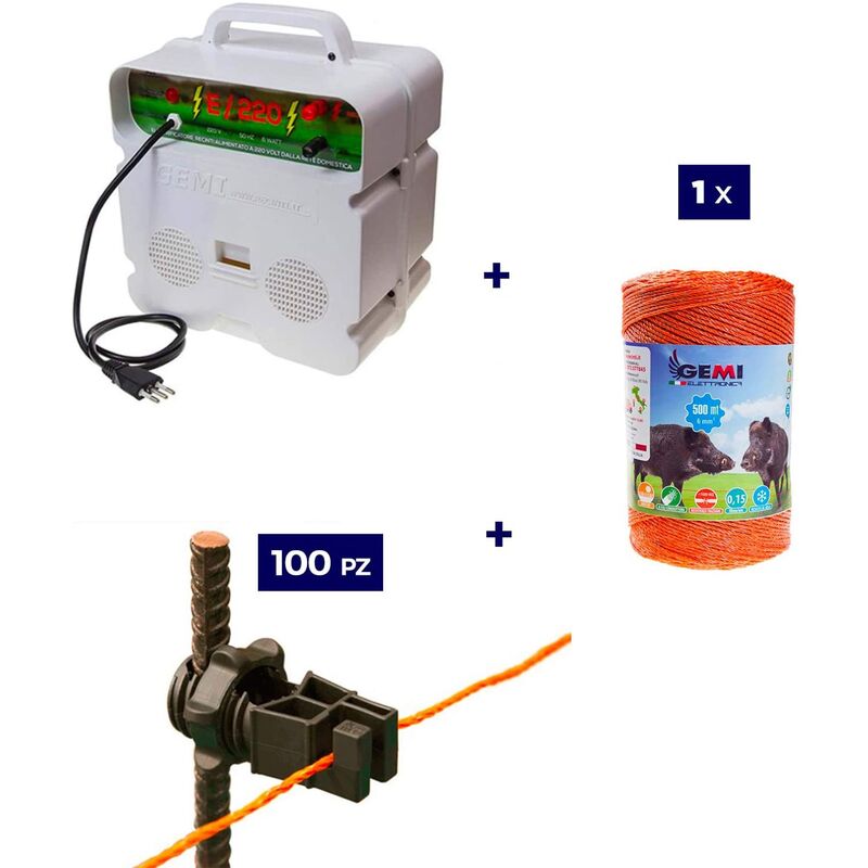 Kit completo Para Pastor Eléctrico : 1x Electrificadores 220 V + 1x hilo canductores 500 mt 6 mm² + 100 Aisladores para postes de hierro - Cerca Eléctrica Valla Eléctrica Gemi Elettronica para animales jabalívacas caballos perros cerdos gallinas zorros