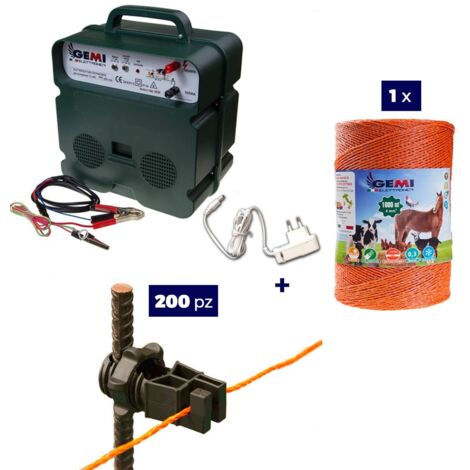 Komplettes Kit Für Den Weidezaun : 1 x Weidezaungerät Doppelstromversorgung 12V (Batterie) / 220 / 230 V Bis 5 Km Elektrozaun B12/2 + 1 x Weidezaunlitze 1000 Mt 6 mm² + 200 St. Isolatoren Holzpfählen