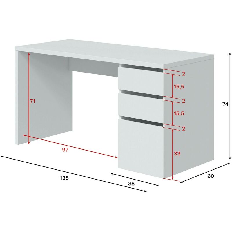 Dmora - Schreibtisch Reedsport, Wendeschreibtisch mit 3 Schubladen,  platzsparender Bürotisch mit mehreren Positionen, 138 x 60 x 74 cm, Weiß