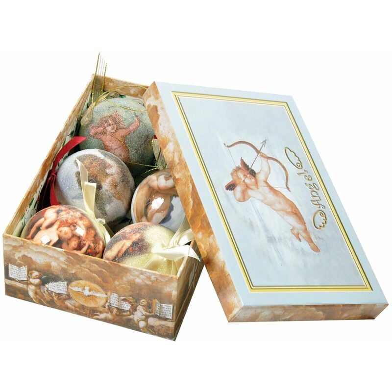 Dmora Box 6 Weihnachtskugeln, gemusterte Putti Ornamente, Set Sortiment