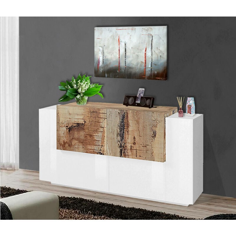 Dmora - Kommode mit Küchen-Sideboard in Made 100 und weiß Italy, Wohnzimmer-Buffet, glänzend cm 4 Ahorn % 160x45h86, Dlenz, Türen