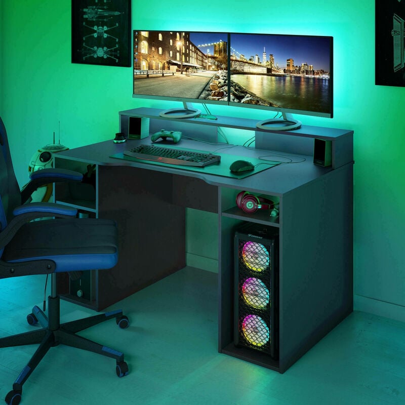 Schreibtisch Phoenix, Moderner Schreibtisch von Gaming, Studiertisch für PC  und CD-Halter, Studiertisch mit Regalen, cm 136x67h88, Anthrazit