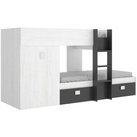 Dmora - Kinderbett Dbajram, Komplettes Schlafzimmer mit Kleiderschrank und Schubladen, Etagenbettkomposition mit zwei Einzelbetten, 271x111h150 cm, Weiß und Anthrazit