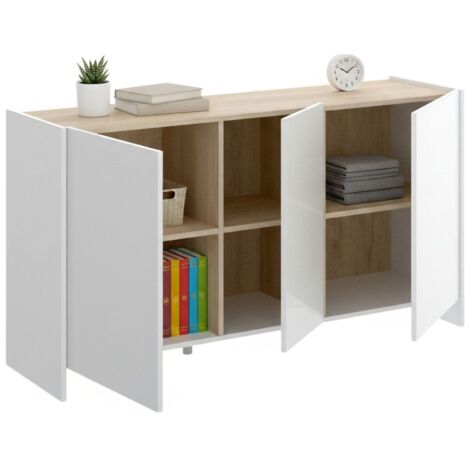 Habitdesign Zaiken Plus Sideboard | 3 Türen, Hochglanz Weiß & Eiche | 154x75x41 Cm | Moderner Stauraum