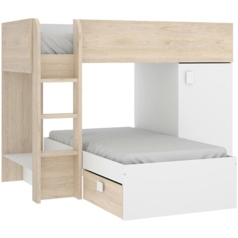 Dmora - Kinderbett Dguerci, komplettes Schlafzimmer mit Kleiderschrank und Schubladen, Etagenbettkomposition mit zwei Einzelbetten, 255 x 112 x 150 cm, Weiß und Eiche