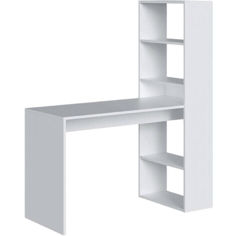 Dmora Schreibtisch Denton, Wendeschreibtisch mit Bücherregal mit 5 Böden, Studier- oder Bürotisch für PC-Buchhalter, cm 120x53h144, Weiß
