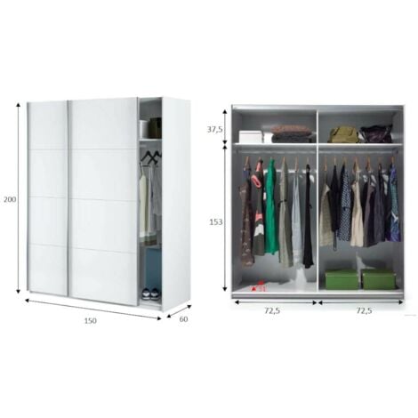 Dmora Garderobe Ponce, Schlafzimmer Kleiderschrank mit 2 Schiebetüren,  Schrank mit Kleiderstange und 2 Einlegeböden, cm 150x60h200