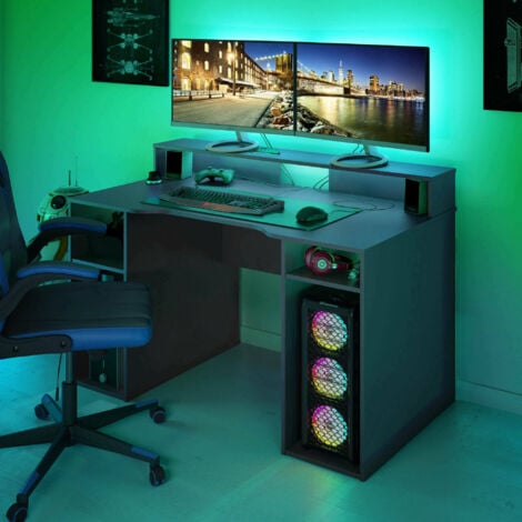 Dmora Schreibtisch Phoenix, Moderner Schreibtisch von Gaming, Studiertisch  für PC und CD-Halter, Studiertisch mit Regalen