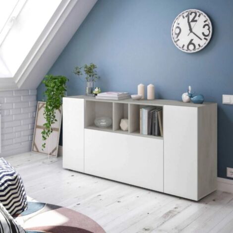 Dmora Highboard Paterson, Modernes Sideboard mit 3 Türen, Wohnzimmerbuffet mit Fächern, Wohnzimmer-Sideboard, Fernsehschrank, cm 150x41h76, Weiß und Zement