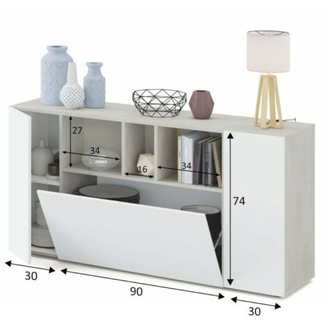 Dmora Highboard Paterson, Modernes Sideboard mit 3 Türen, Wohnzimmerbuffet mit Fächern, Wohnzimmer-Sideboard, Fernsehschrank, cm 150x41h76, Weiß und Zement