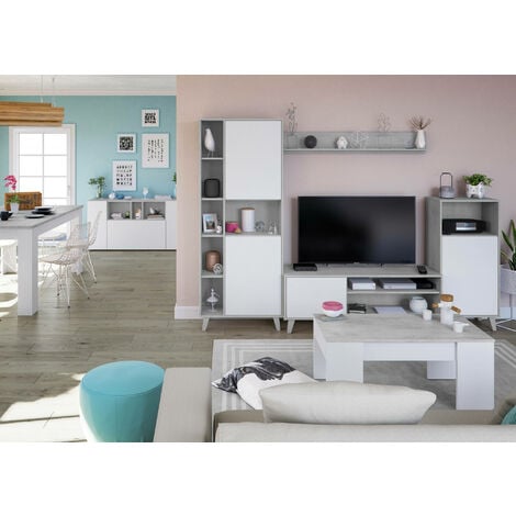 Dmora Highboard Paterson, Modernes Sideboard mit 3 Türen, Wohnzimmerbuffet mit Fächern, Wohnzimmer-Sideboard, Fernsehschrank, cm 150x41h76, Weiß und Zement
