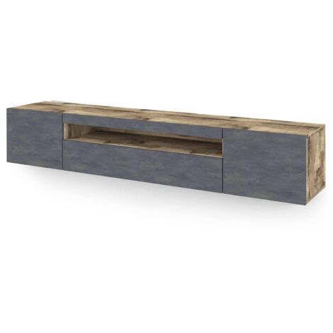 Dmora Wohnzimmer-TV-Ständer, Made in Italy, TV-Ständer mit 3 Türen und Regalen, cm 200x40h37, Ahorn- und Schieferfarbe, mit blauem LED-Licht (1/4)