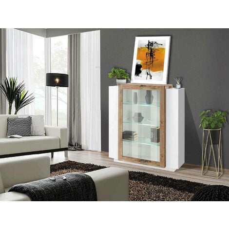 Dmora Moderne Vitrine mit Italy, LED-Licht, Wohnzimmervitrine, weißem in Regalen, Glastür, mit Sideboard Made mit