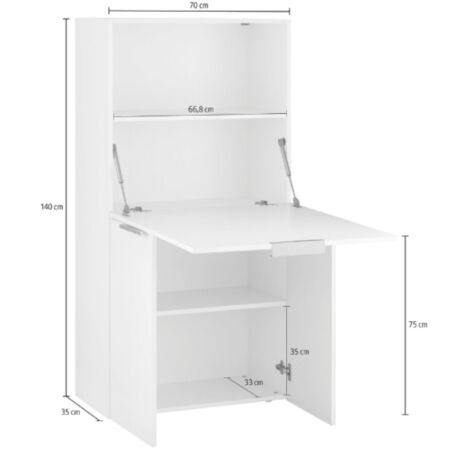Dmora Schreibtisch mit versteckter Platte, Made in Italy, Schrank mit Regalen und Arbeitsplatte, Platzsparender Kleiderschrank, cm 70x35h140, Farbe Weiß glänzend