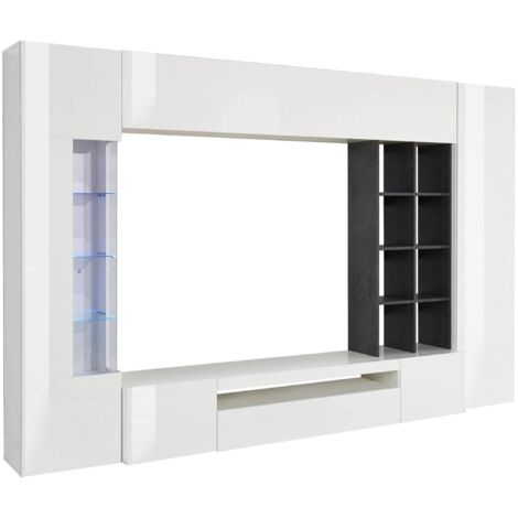 Dmora Wohnwand, Made in Italy, mit blauem LED-Licht, TV-Ständersockel und Hängeschränken und Regalen, 290x40h192 cm, Farbe Weiß glänzend und Aschgrau (1/5)