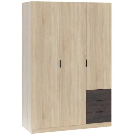 Garderobe Allentown, Schlafzimmerschrank mit 3 Türen und 3 Schubladen, Schrank mit Kleiderstange und 3 Einlegeböden, cm 121x52h180, Eiche und Oxid
