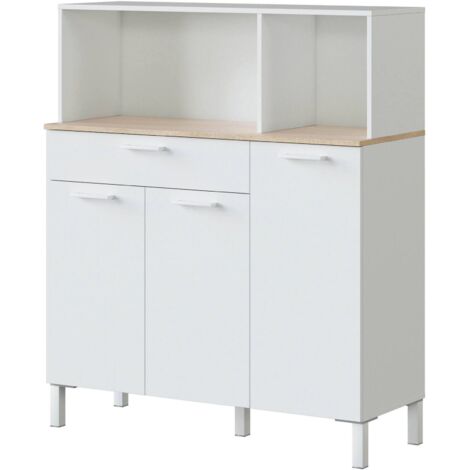 Mehrzweck-Kabinett Norfolk, Hilfsküchenschrank, Sideboard mit 3 Türen und 1 Schublade mit Einlegeböden, Kleiderschrank öffnen, cm 108x40h126, Weiß und Eiche