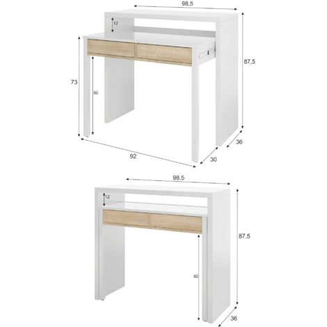 Konsolentisch Billings, Schreibtisch mit ausziehbarer Platte, PC-Schreibtisch mit 2 Schubladen, cm 99x36h88, Weiß und Eiche