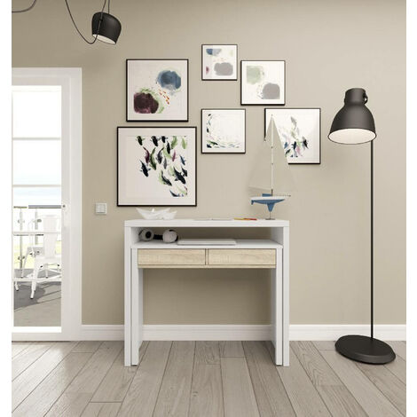 Konsolentisch Billings, Schreibtisch mit ausziehbarer Platte, PC-Schreibtisch mit 2 Schubladen, cm 99x36h88, Weiß und Eiche