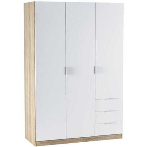 Garderobe Allentown, Schlafzimmerschrank mit 3 Türen und 3 Schubladen, Schrank mit Kleiderstange und 3 Einlegeböden, cm 121x52h180, Weiß und Eiche
