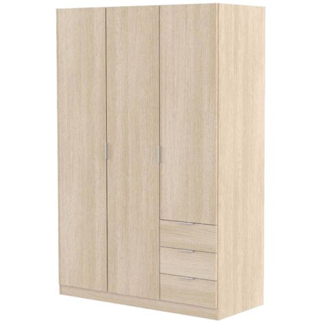 Garderobe Warren, Schlafzimmerschrank mit 3 Türen und 3 Schubladen, Schrank mit 3 Einlegeböden und Kleiderstange, cm 121x52h180, Eiche