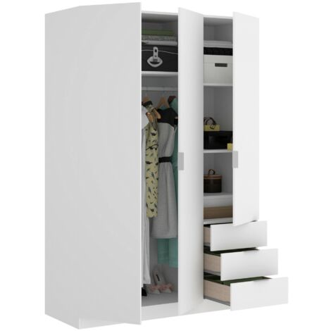 Garderobe Warren, Schlafzimmerschrank mit 3 Türen und 3 Schubladen, Schrank mit 3 Einlegeböden und Kleiderstange, cm 121x52h180, Weiß