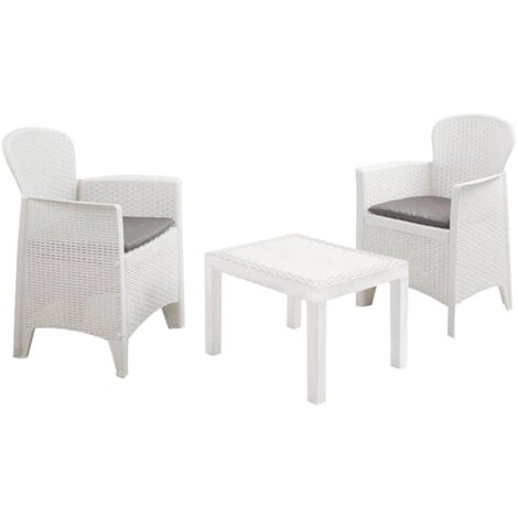 Dmora - Outdoor-Lounge-Set Dzucco, Gartengarnitur mit 2 Sesseln und 1 Couchtisch, Sitzecke in Rattan-Optik mit Kissen, 100 % Made in Italy, Weiß (1/3)