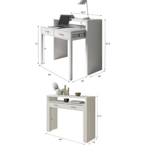 Konsolentisch Billings, Schreibtisch mit ausziehbarer Platte, PC-Schreibtisch mit 2 Schubladen, cm 99x36h88, Weiß