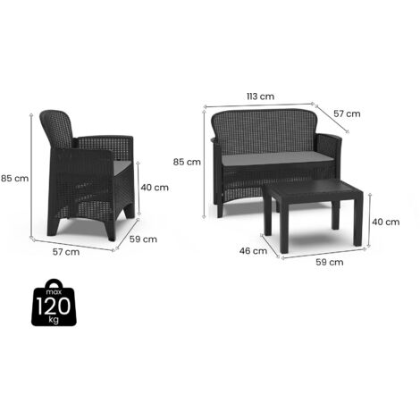 Outdoor-Lounge-Set Ostuni, Gartengarnitur mit 2 Sesseln, 1 Sofa und 1 Couchtisch, Sitzecke in Rattan-Optik mit Kissen, 100 % Made in Italy, Anthrazit