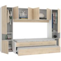 Dmora - Kinderbett Dmra, Komplettes Schlafzimmer mit Bridge-Kleiderschrank und Kommode, Komposition mit Bett und Einzelausziehbett, 303 x 97 x 203 cm, Eiche und Weiß