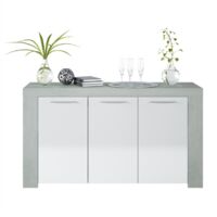 Anrichte Bellevue, Modernes Sideboard mit 3 Türen, Buffet im Wohnzimmer, Fernsehschrank, Sideboard für Wohnzimmer, cm 144x42h80, Beton und Weiß