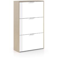 Schuhschrank Escondido, Schuhschrank mit 3 Klapptüren, Schrank mit doppelter Kapazität für bis zu 18 Paar Schuhe, cm 70x17h180, Eiche und glänzend weiß