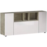 Highboard Paterson, Modernes Sideboard mit 3 Türen, Wohnzimmerbuffet mit Fächern, Wohnzimmer-Sideboard, Fernsehschrank, cm 150x41h76, Weiß und Eiche