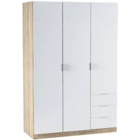 Garderobe Allentown, Schlafzimmerschrank mit 3 Türen und 3 Schubladen, Schrank mit Kleiderstange und 3 Einlegeböden, cm 121x52h180, Weiß und Eiche