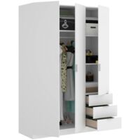 Garderobe Warren, Schlafzimmerschrank mit 3 Türen und 3 Schubladen, Schrank mit 3 Einlegeböden und Kleiderstange, cm 121x52h180, Weiß