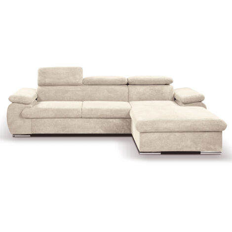Casa Baoli – Canapé d'angle convertible velours côtelé beige avec têtières réglables – Mousse HR 30kg/m3 – Coffre de rangement intégré – Fabrication européenne