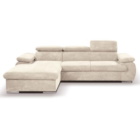 Canapé d'angle gauche convertible velours côtelé beige avec têtières - KOST