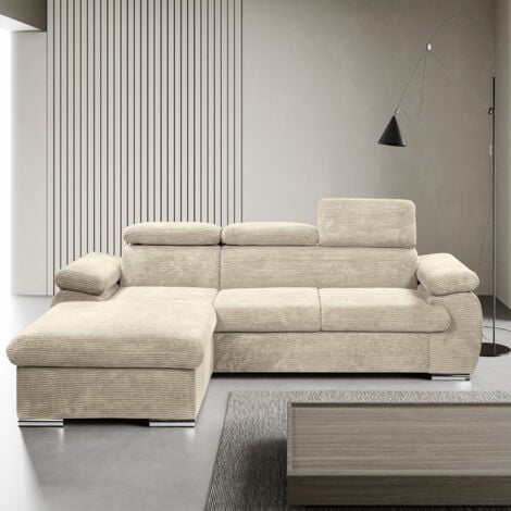 Canapé d'angle gauche convertible velours côtelé beige avec têtières - KOST