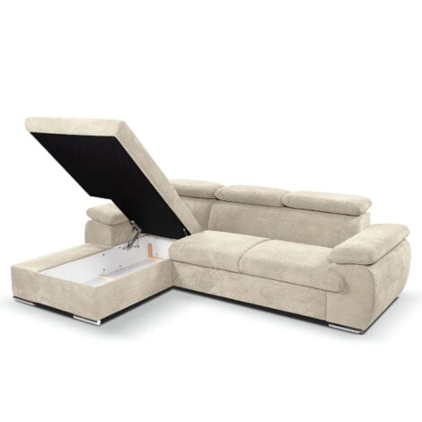 Canapé d'angle gauche convertible velours côtelé beige avec têtières - KOST