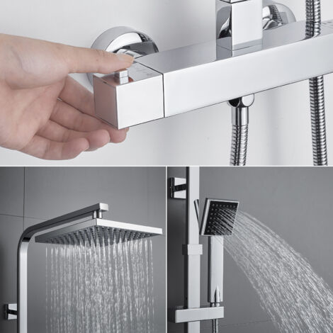 AURALUM Duscharmaturen Set Duschsystem mit Thermostat 38℃, Regendusche mit Thermostat Duscharmatur