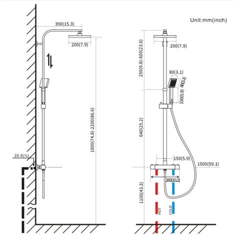 AURALUM Duschsaule mit Thermostat mit Mischbatterie Quadratisches Duschsystem Hohenverstellbar Zwei Strahlarten zur Auswahl