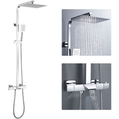 Auralum Duschsystem mit Thermostat, Badwannenarmatur Regenbrause Handbrause, Duschsäule höhenverstellbar 985 - 1295 mm