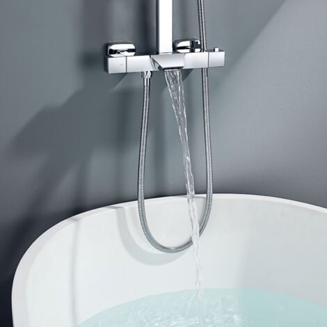 Auralum Duschsystem mit Thermostat, Badwannenarmatur Regenbrause Handbrause, Duschsäule höhenverstellbar 985 - 1295 mm