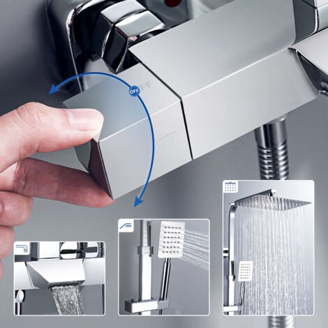Auralum Duschsystem mit Thermostat, Badwannenarmatur Regenbrause Handbrause, Duschsäule höhenverstellbar 985 - 1295 mm