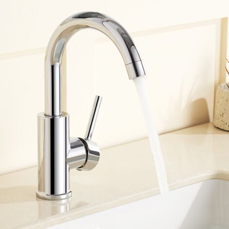 Auralum Niederdruck Wasserhahn Bad, 360° drehbare Waschtischarmatur Bad, Waschbecken Armatur mit hohem Auslauf, Mischbatterie für Badezimmer, Chrom