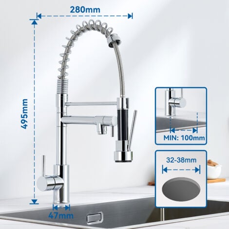 Küchenarmatur Wasserhahn Küche mit Spiralfeder, 360° drehbare Spültischarmaturen Einhebel Mischbatterie mit Zwei Auslauf, Chrom
